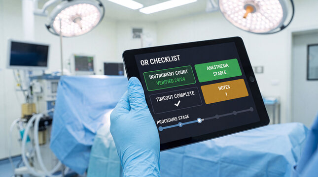 surgical nurse holds glowing operating room tablet to verify instrument count checklist, monitor patient anesthesia status, log surgical safety protocol, and record operating room compliance data