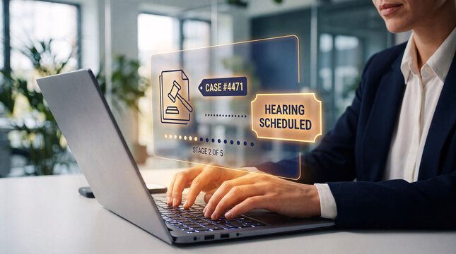 businesswoman uses laptop with glowing patent litigation interface to track case filing progress, verify legal document stage, monitor court hearing schedule