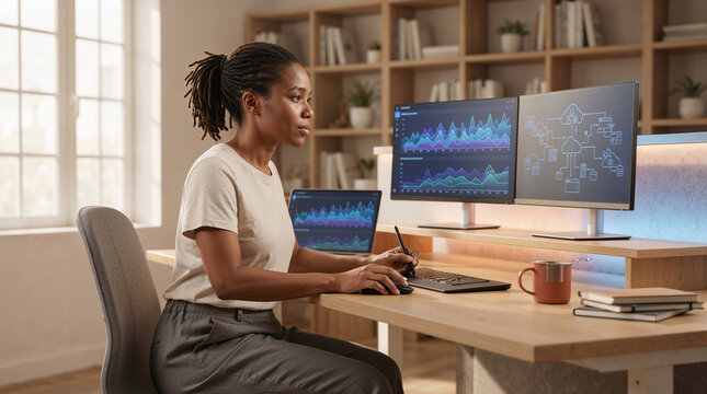 Woman working with data analytics on multi-monitor setup in modern office.
