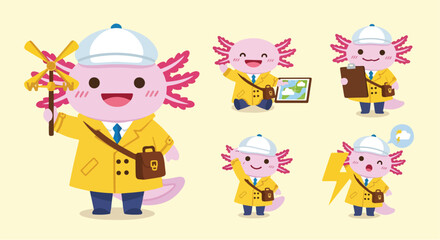 Fototapeta premium Cute Cartoon Axolotl Explorer Character Set 1.