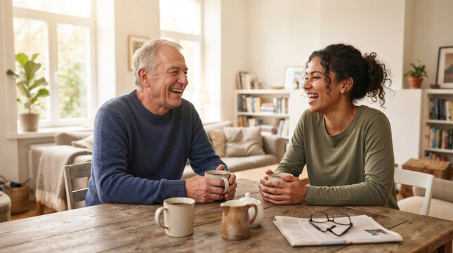 Smiling senior man and young woman having coffee and chatting at home table.