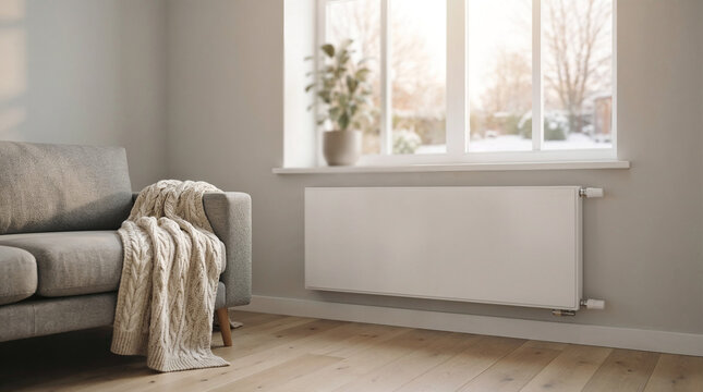 Cozy living room interior with grey sofa, knit blanket and heating radiator.