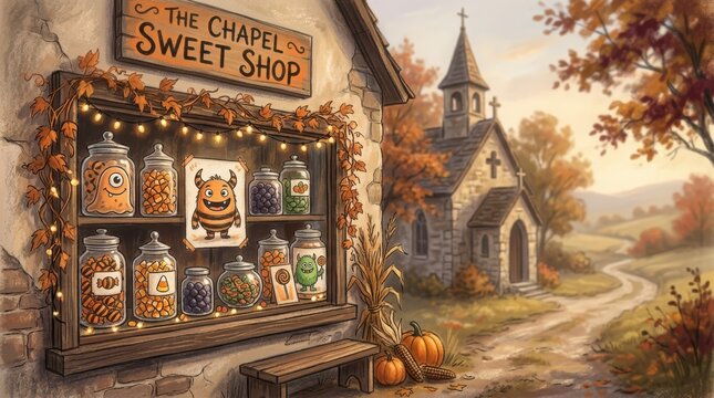 The chapel sweet shop storefront filled with jars of candy and spooky illustrations near old stone church in autumn woods.