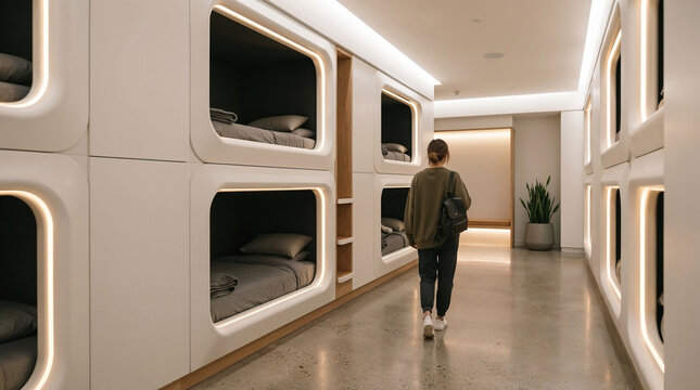 Woman walking down corridor of modern capsule hotel.