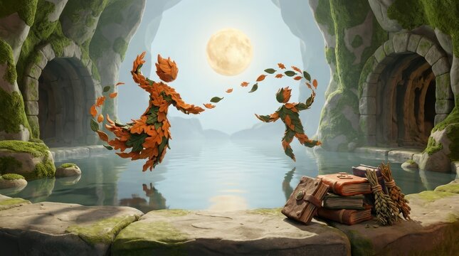 Fantasy beings made of golden and green autumn leaves dancing near calm lake surrounded by mossy stone caves and old books.