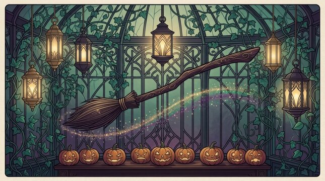Decorative broomstick floating above carved pumpkins in ornate gothic conservatory with warm glowing lanterns and vines.