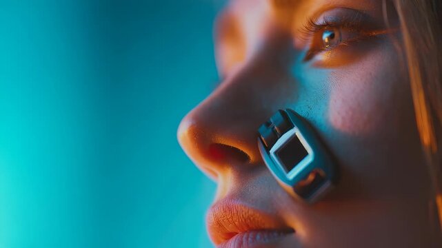 Close up portrait of a young woman with futuristic technology device attached to her face, illuminated by vibrant blue and orange lighting. Modern cyberpunk aesthetic and innovation concept