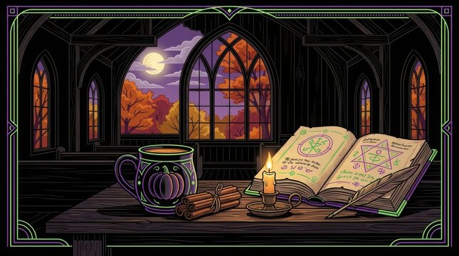 Spooky autumn atmosphere with open magic spell book and pumpkin mug on wooden table inside dark rustic church at midnight.