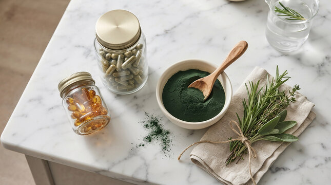 Natural dietary supplements and spirulina powder on marble countertop.