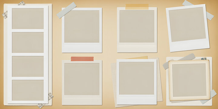Multiple blank instant photo frames arranged on warm toned background with tape.