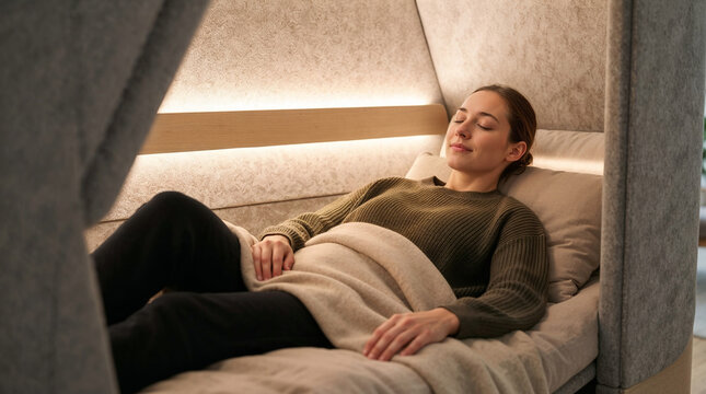 Woman resting inside modern office nap pod.