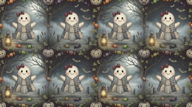 Seamless pattern with cute cartoon ghosts wearing patchwork dresses floating above wooden pier on misty night with pumpkins.