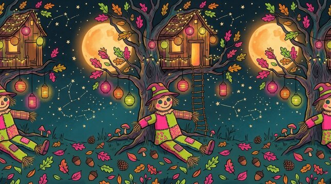 Seamless pattern with scarecrows sitting under tree house in beautiful night garden with glowing lanterns and full moon.