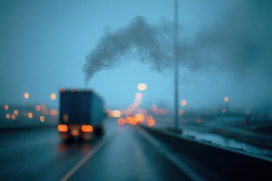 Soft-focused truck exhaust plume on a highway at dusk