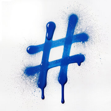 Blue spray paint hashtag symbol with dripping paint and splatter, hand-painted grunge social media graffiti design element isolated on white background