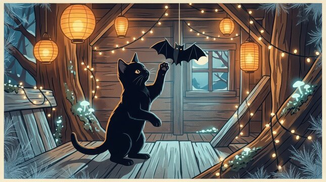 Black kitten reaching for hanging bat decoration inside rustic wooden treehouse with glowing lanterns and forest views.