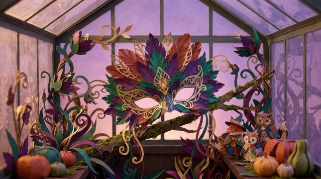 Masquerade carnival mask with colorful feathers and ornate golden patterns displayed inside a rustic greenhouse setting.