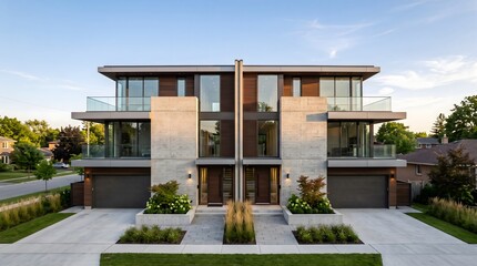 Fototapeta premium Symmetrical modern duplex featuring two attached units with mirrored facade design. Architecture design concept