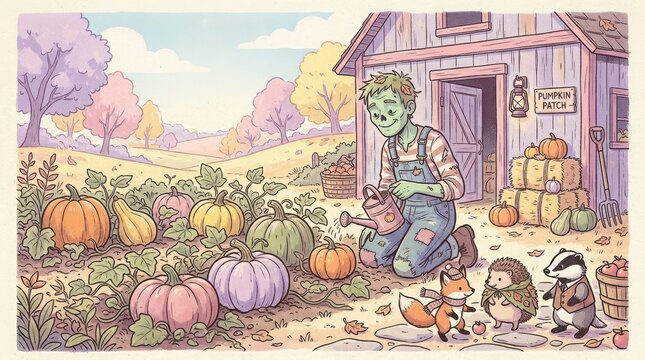 Zombie farmer tends pumpkin patch near rustic wooden barn with friendly woodland animals fox hedgehog badger autumn season.