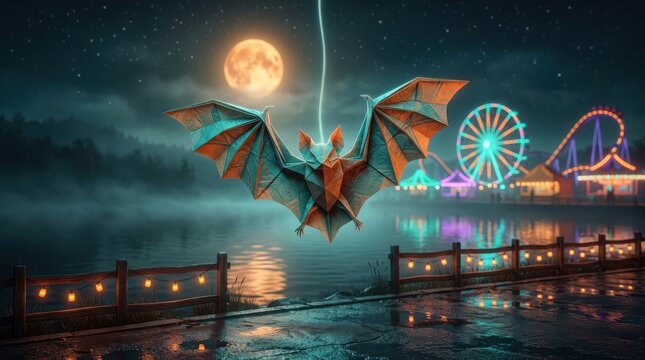 Origami bat hanging over glowing lakeside boardwalk at night featuring full moon and illuminated carnival amusement park.