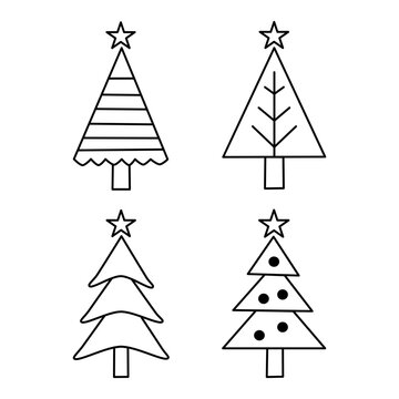 Set of stylized Christmas trees with stars and ornaments, graphic design elements