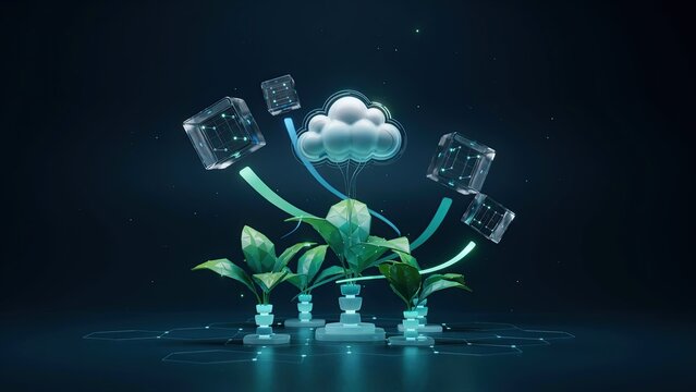 Nature and technology merge as glowing plant sprouts emerge from digital cubes to symbolize green computing.