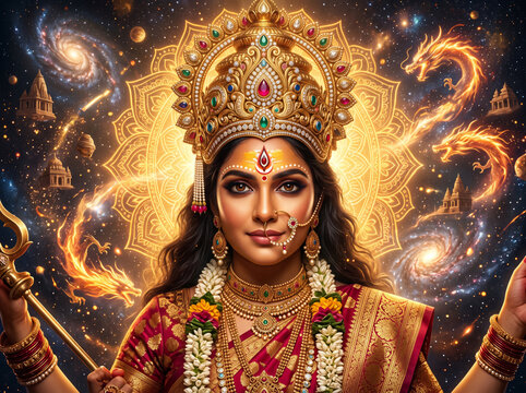 Hindu Goddess Durga Portrait with Golden Crown, Celestial Light, Sacred Ornaments and Cosmic Spiritual Background