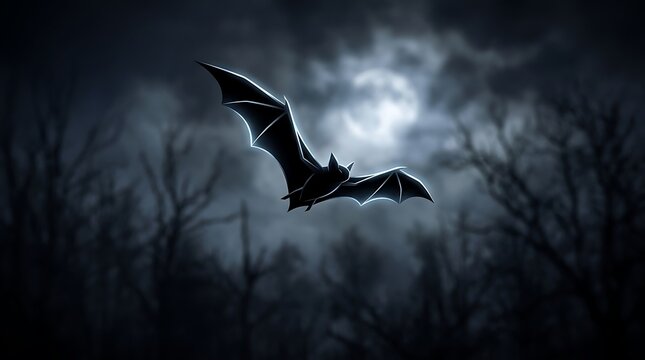 Bat with illuminated wings flying in the night sky with full moon