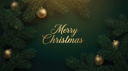 Obraz premium Elegant Merry Christmas greeting with golden ornaments and pine branches