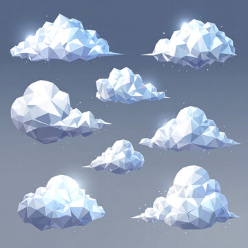 Modern lowpoly geometric clouds float in a serene grey sky, evoking a dreamlike futuristic atmosphere. Ideal for creative, whimsical graphic design. Vector art illustration, nobody.