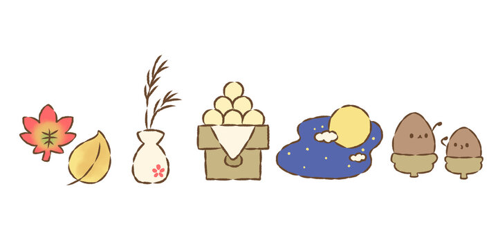 背景透過のもっちり手描きイラスト　秋の飾り罫線　ライン　お月見セット