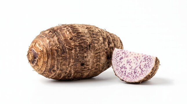 Whole taro root shown beside cut piece revealing speckled purple flesh. Fresh ingredient concept