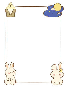背景透過のもっちり手描きイラスト　十五夜のフレーム　日本のお月見　細線の縦長方形