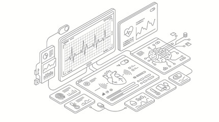 Obraz premium Isometric medical technology dashboard with vital signs and brain scan