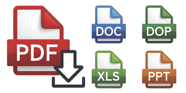 Collection of digital file icons displaying various formats like pdf doc dop xls and ppt.