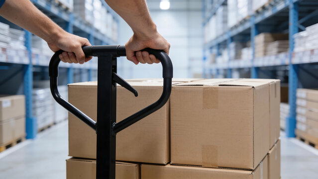 Generative AI depicts a warehouse worker handling stacked cardboard boxes on a hand pallet truck