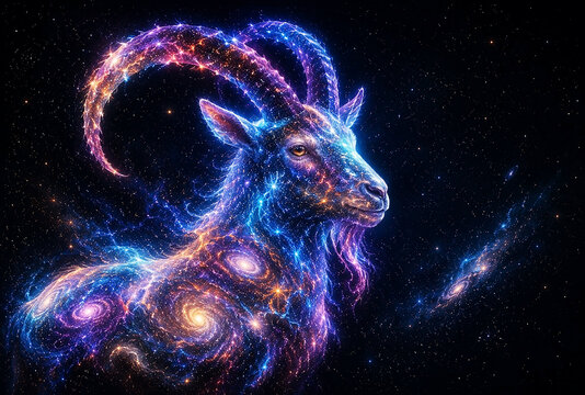 Fire Goat, the symbol of 2027, entirely formed from galaxies, nebulae, stardust, and cosmic energy. A fantasy representation of the Chinese zodiac sign against a star-filled outer space background