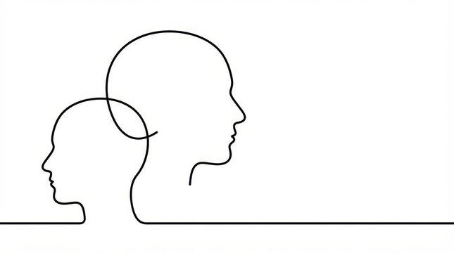 A simple continuous line art depicting two human profiles on a white background, evoking connection and simplicity.