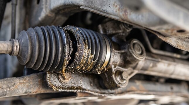 Torn cv boot leaking grease under a car chassis suspension close up view. Showing damaged rubber steering rack bellow needing immediate mechanical replacement and maintenance work.