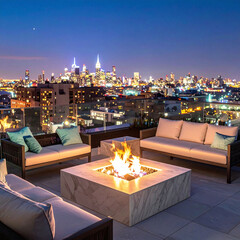 Obraz premium A luxurious rooftop terrace at night features a cozy fire pit and modern lounge seating with a stunning city skyline background. Nobody is present in this peaceful urban oasis.