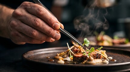 Fototapeta premium Hand using tweezers to place delicate microgreen leaf on plated dish. Fine dining concept