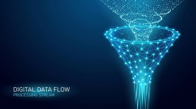 Abstract glowing digital data funnel concept vector illustration for big data processing stream filter and analytics technology background