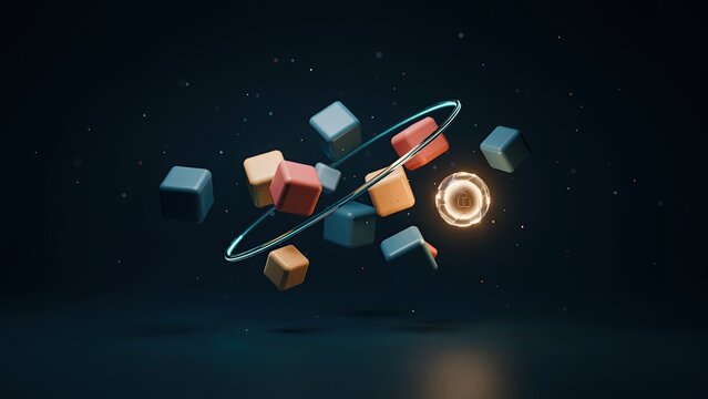 Colorful cubes float in a chaotic orbit around a singular glowing ring representing distributed systems.