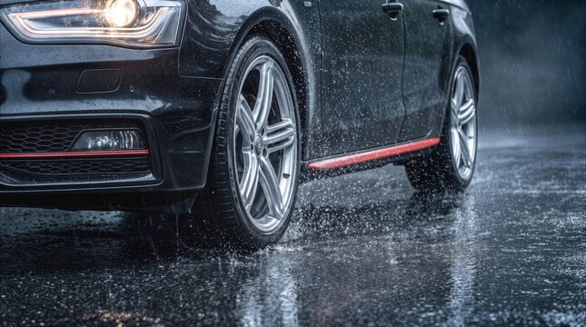 Car driving on wet asphalt during heavy rain. Vehicle wheels splashing water on flooded road surface at night.