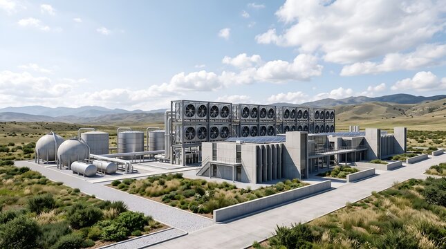 Direct Air Capture (DAC) facility with large fans and storage tanks in a modern industrial complex, surrounded by a vast, green, hilly landscape under a blue sky.
