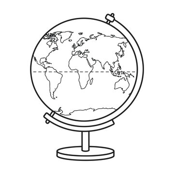 Simple outline of a globe showing continents and oceans on a stand