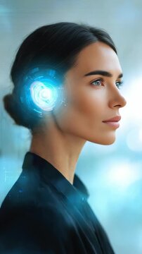 Futuristic woman with digital hologram interface near her ear, symbolizing artificial intelligence and advanced technology. Modern innovation and human machine interaction concept