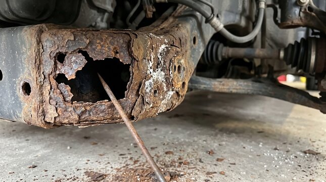 Rust damage on vehicle subframe with severe corrosion and hole inspected by mechanic in auto repair shop. Showing dangerous structural decay under a car chassis for safety check.