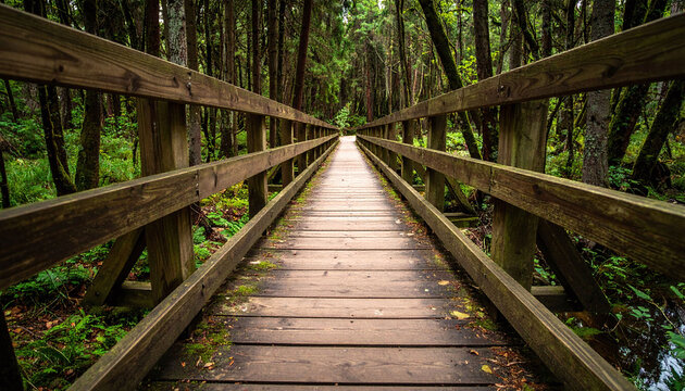 This peaceful wooden boardwalk leads the eye into a lush green forest, offering a serene journey of discovery and adventure in nature. Nobody is present, evoking calm solitude.