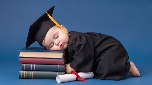 Graduation cap and gown worn by sleeping infant resting head on stack of books. Early childhood education and future success concept.